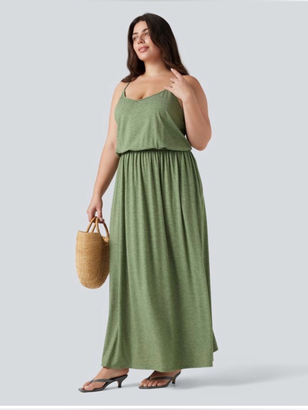 HALARA Plus Size Olive Green Maxi Dress with Spaghetti Straps